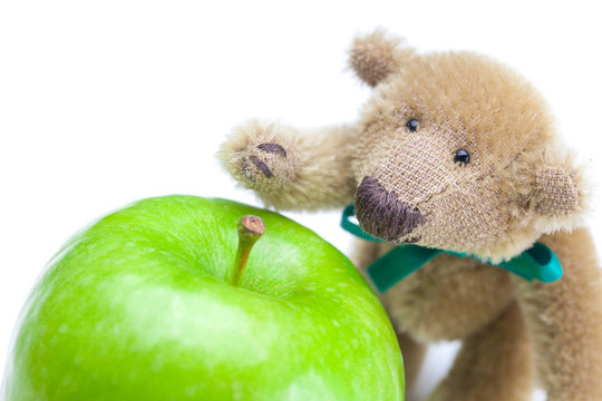 teddy bear and  apple  isolated on white