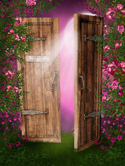 Drzwi w różanym ogrodzie - obrazy, fototapety, plakaty
