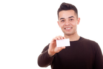 Young man showing card isolated © coste