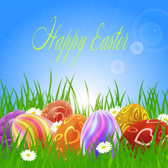 Easter eggs on green grass