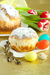 Easter cake and tulip.Easter still-life