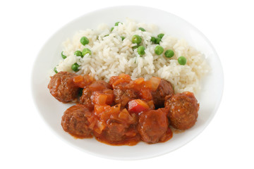 meatballs with sauce, boiled rice with peas