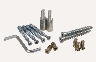 Set of modern bolts and screws for furniture assemblage