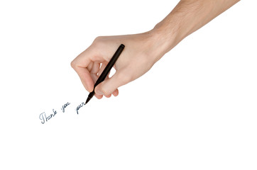 Pen in man's hand drowing "thank you", isolated on white