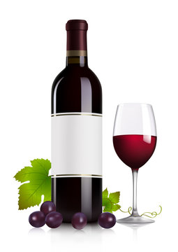Red wine bottle, glass and grape