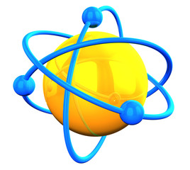 yellow reflective atom structure with blue orbitals on white