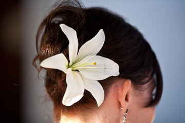 Naklejka premium white lily flower in brown up do hair