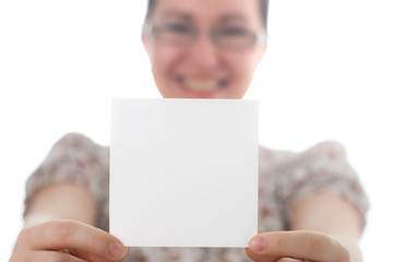 Woman holding blank card