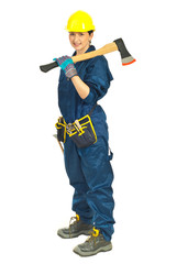 Full length of worker woman with hatchet