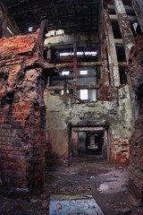 Fototapeta na wymiar Abandoned Ruins of a former Factory. Creepy industrial building