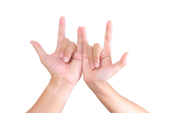 hand of man and woman make i love you sign