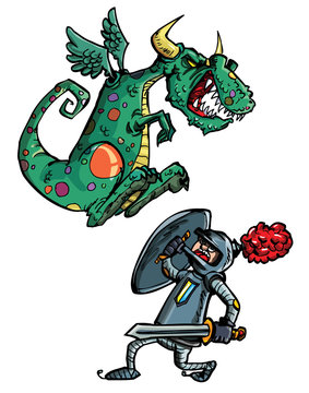 Cartoon of dragon attacking a knight