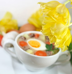 Fototapeta na wymiar white borscht with eggs and sausage