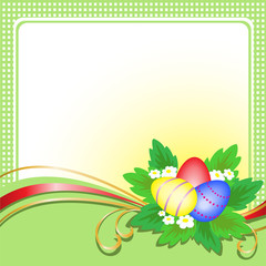 three Easter eggs with a bouquet on a green plaid background
