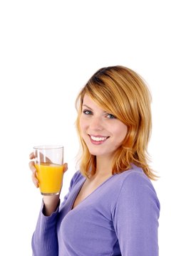 young beautiful woman with orangejuice (white background)
