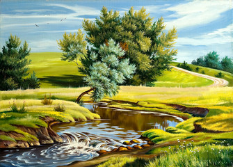 Naklejka na ściany i meble Summer landscape with the river