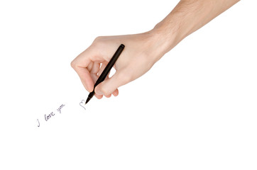 Pen in hand drowing "i love you", isolated on white