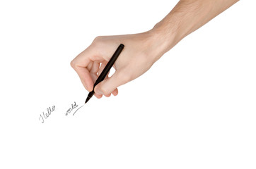 Pen in man's hand drowing "Hello world", isolated on white