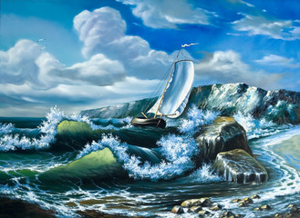 Fototapeta na wymiar Samotny statek żaglowy w szturmie morza