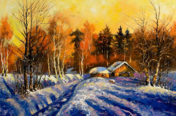 Evening in winter village