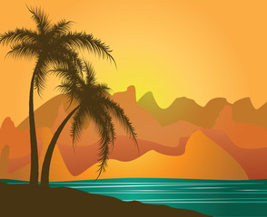 Fototapeta na wymiar Palm trees against mountains and the sea