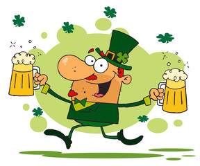 Male Leprechaun Running Through Shamrocks With Beers