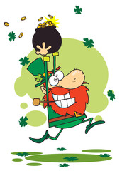 Greedy Leprechaun With A Pot Of Gold Over His Head