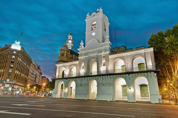 Cabildo building facade at night as seen from Plaza de Mayo