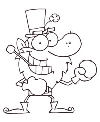 Outlined Boxing Leprechaun With A Pipe In His Mouth