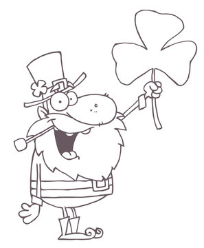 Outlined Male Leprechaun Holding Up A Clover