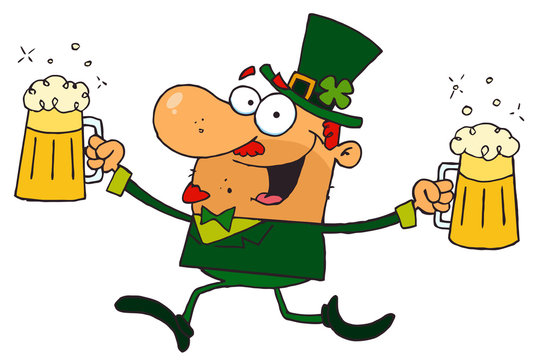 Male Leprechaun Running Through Clovers With Beers
