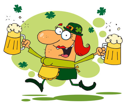 Female Leprechaun Running Through Shamrocks With Beers