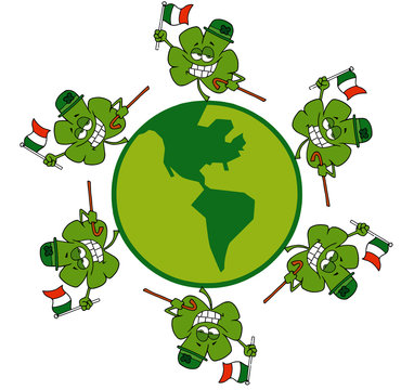 Circle Of Shamrocks Running Around A Globe With Irish Flags