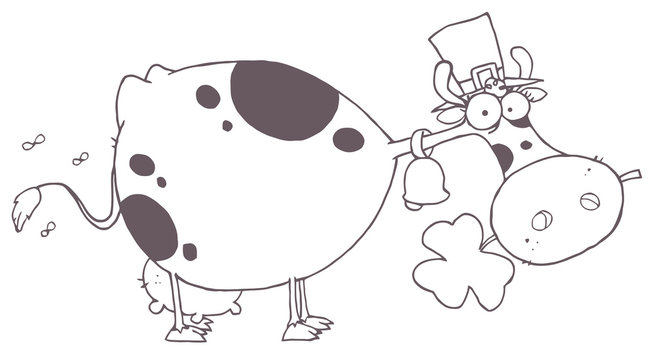 Outlined  Cow Wearing A Hat And Chewing On A Clover