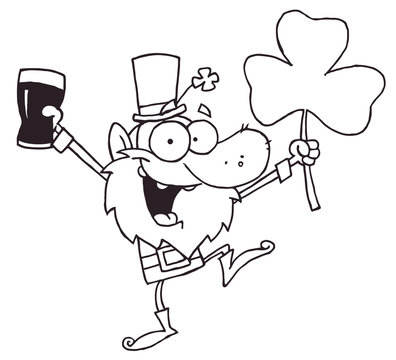 Outlined Dancing Leprechaun Holding A Clover And Beer