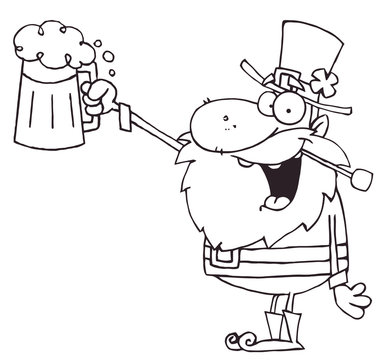 Outlined Leprechaun Toasting And Holding Up Beer