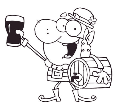 Outlined Leprechaun Carrying A Beer Keg And Holding Up A Glass