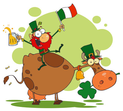 Leprechaun Holding Up A Flag And Beer And Sitting On A Cow