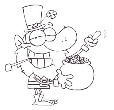 Outlined Leprechaun Holding Up His Middle Finger Of A Pot