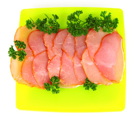 Slices of bacon on white background