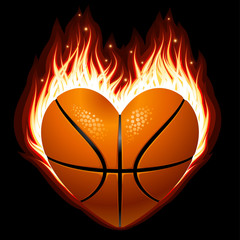 Vector basketball on fire in the shape of heart