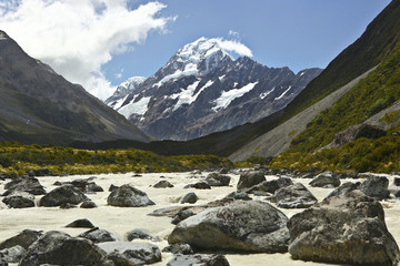 Mt Cook New Zealand with snow covered peak blue skies and river with large boulders.