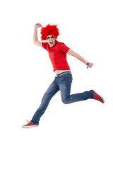 man with red wig screaming and jumping