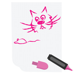 vector childlike drawing with cat and mouse