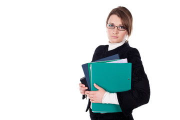 business woman holding a portfolio isolated on white