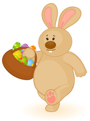 Easter Bunny with basket and colored eggs. Easter card