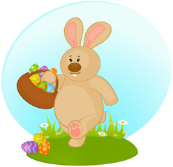 Easter Bunny with basket and colored eggs. Easter card