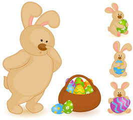 Easter Bunny with basket and colored eggs. Easter card