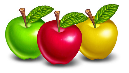 Apples of different colors with red fruit in front