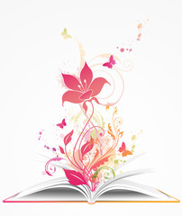 open book and  pink flower